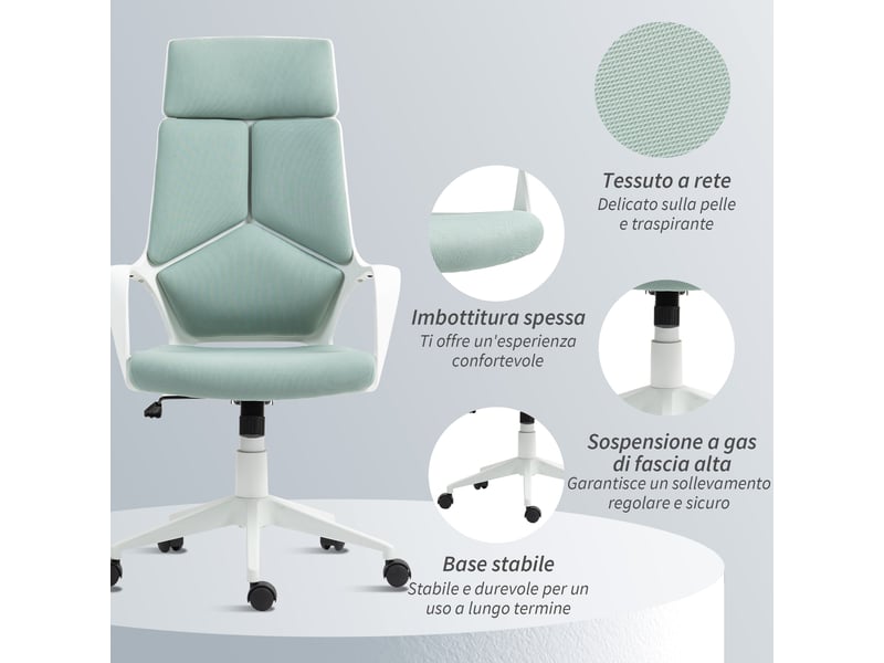  Chaise de bureau ergonomique en tissu verte, hauteur de l'assise réglable, avec roulettes  - Conforama W