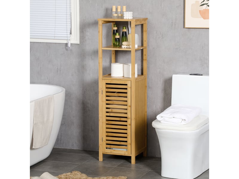 Meuble colonne salle de bain en bambou 2 étagères ouvertes et placard, bois naturel, 32,9 x 29,9 x 120 cm - Conforama D