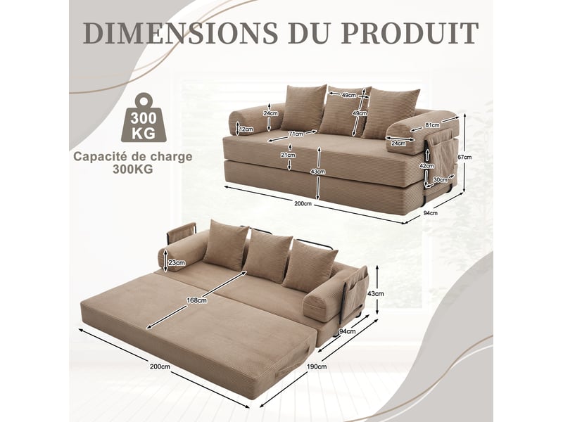  Canapé modulaire 3 places 200x94x67 cm – taupe – velours côtelé, 3 coussins et poche latérale  - Conforama C