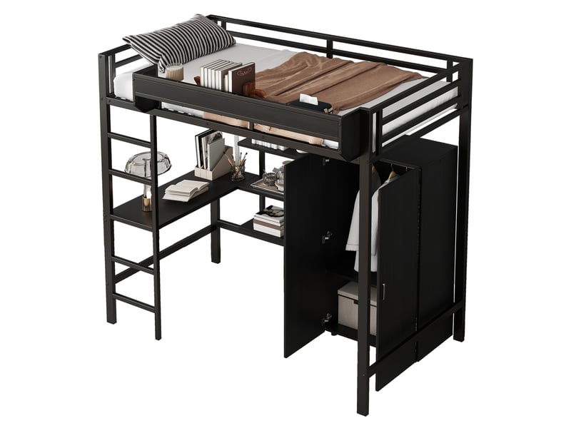  Lit mezzanine enfant 90x200 cm – noir – bureau, armoire 2 portes et rangements intégrés, sans matelas  - Conforama A