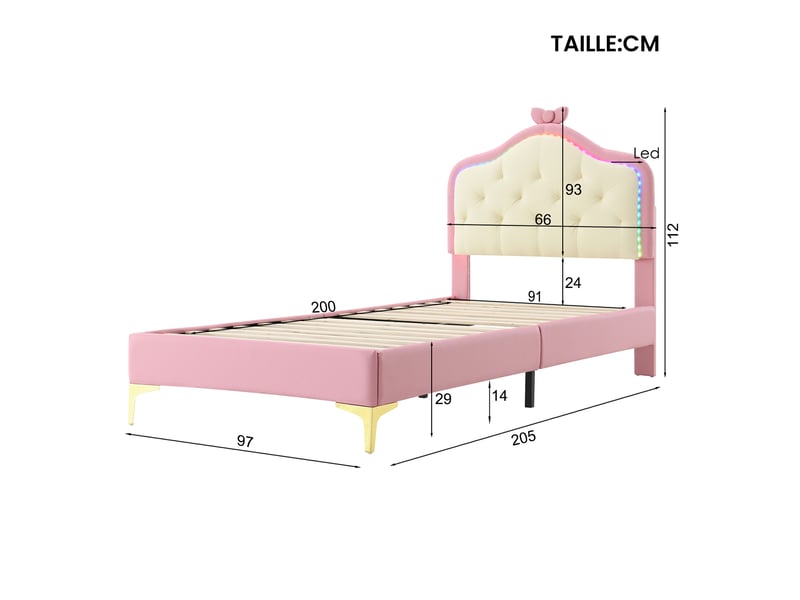 Lit enfant 1 place en similicuir blanc et rose avec noeud décoratif et led multicolores, 90x200 cm, sans matelas - Conforama D