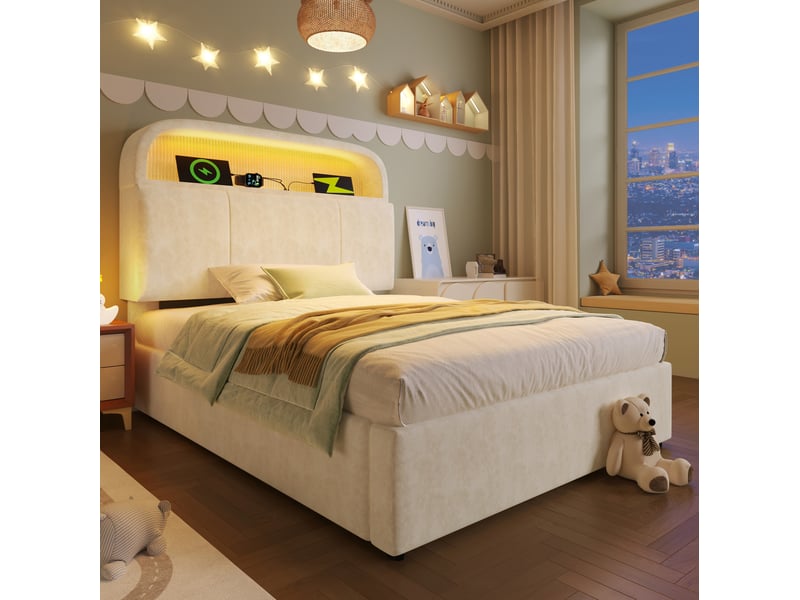  Lit enfant coffre 90x200cm tête réglable led 16 couleurs ports de charge usb et type-c velours beige, sans matelas  - Conforama D