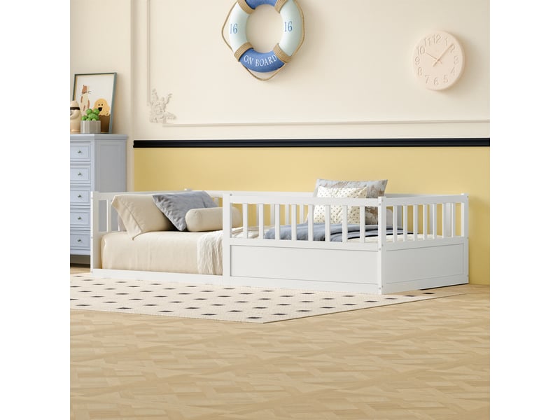  Lit enfant 90x200 cm-lit  au sol 90x200 cm - avec barrières de sécurité et sommier à lattes- bois de pin- blanc  - Conforama D