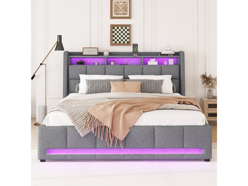 Lit coffre gris 140x200 cm avec led intégrée, rangements et prises usb - Conforama B