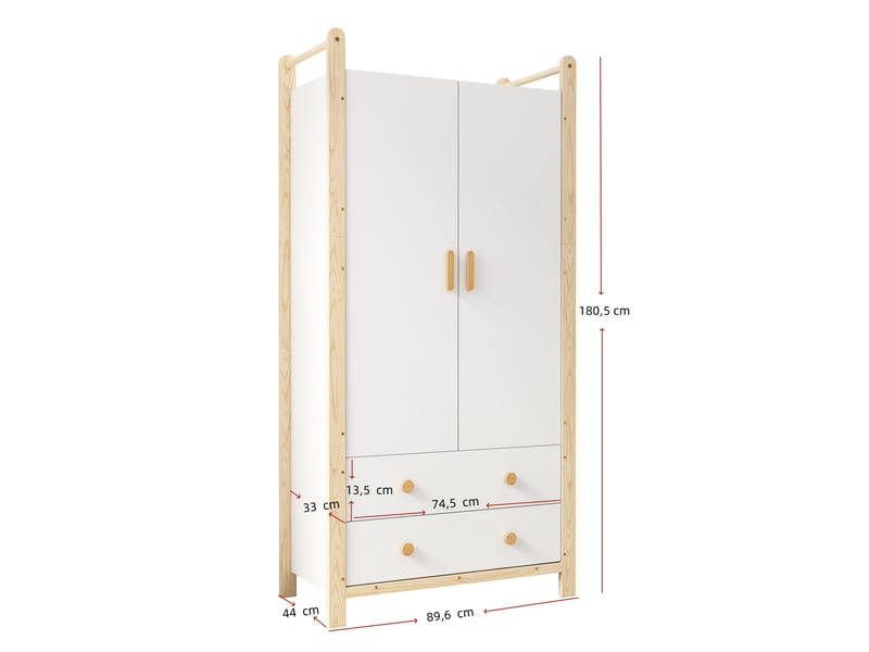  Armoire 2 portes modenvie avec penderie et 2 tiroirs 89,6 x 44 x 180,5 cm blanche et bois de pin  - Conforama C
