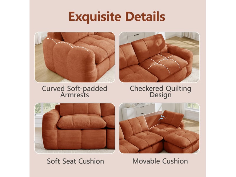  Canapé modulable 2 places avec 2 ottomans sans cadre, en chenille orange  - Conforama D