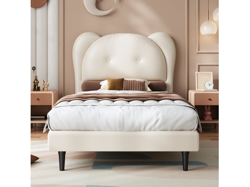  Modenvie lit enfant 90x200 cm - tête de lit en forme d'animal, revêtement pu - pour chambre d'enfant - beige  - Conforama E