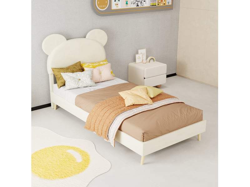  Lit enfant 90x200 cm en tissu beige avec tête de lit rembourrée motif cartoon  - Conforama D