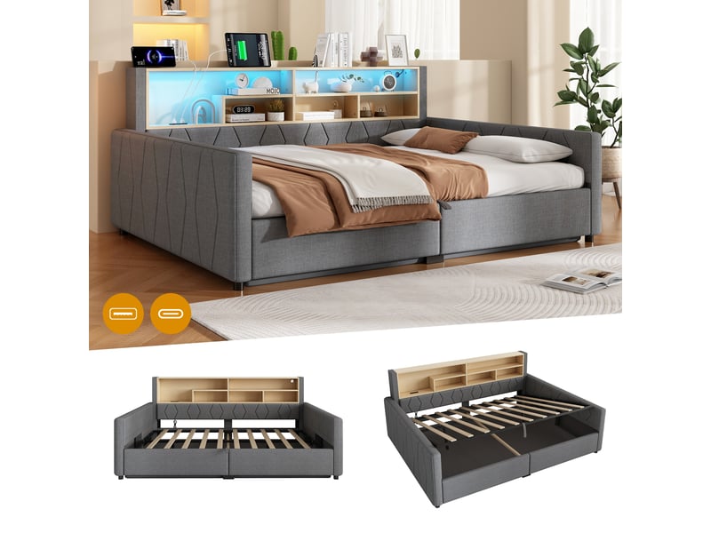  Canapé-lit coffre 140 x 200 cm - avec prise électrique - avec port usb - avec bande lumineuse led - tissu velours - gris (matelas non inclus)  - Conforama D