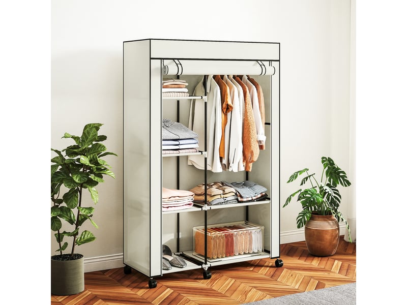  Armoire en tissu à roulettes, penderie portable avec 6 étagères et 1 tringle pour la chambre, 103 x 43 x 162,5 cm, crème  - Conforama C