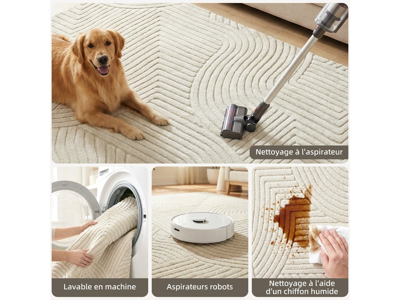  Tapis salon 200 x 140 cm, tapis à poils épais géométrique, crème, moelleux et antidérapant  - Conforama A