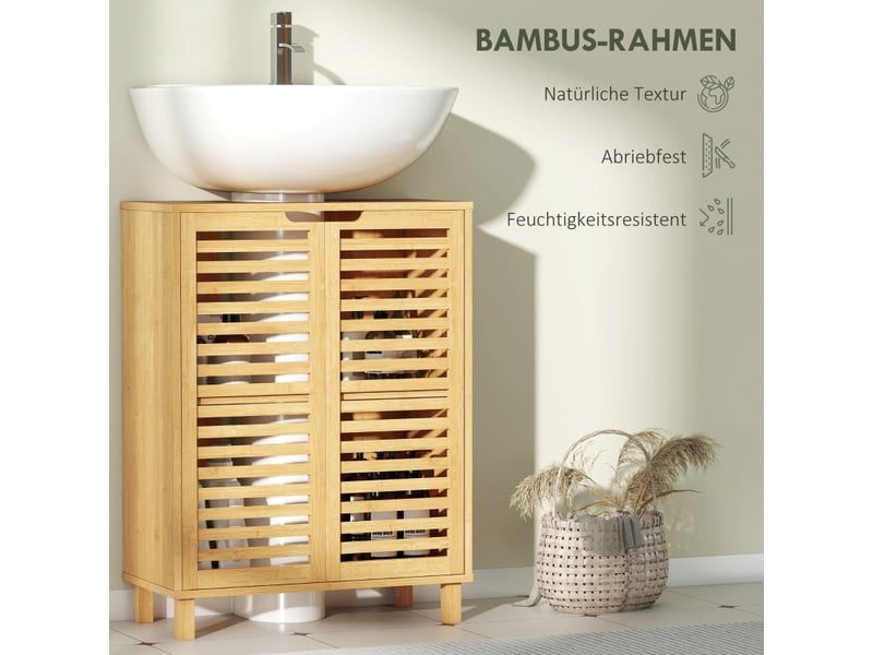 Meuble sous vasque avec portes à lamelles et étagère réglable pour salle de bain en bambou 60×30×80 cm naturel - Conforama E