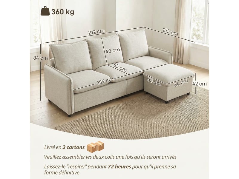 Canapé 3 places avec pouf de rangement, canapé d'angle modulable 212 cm, coussins à ressorts, crème, tissu en lin - Conforama C