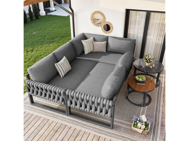 Salon de jardin modulable 6 places gris - coussins déhoussables, assises réglables  - Conforama D
