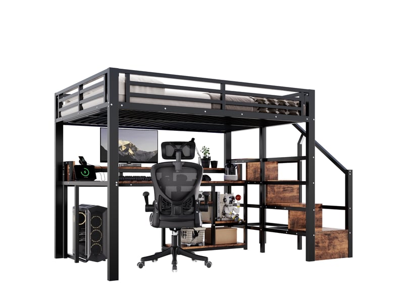  Lit mezzanine 140x200 cm avec bureau, rangements, led et usb, noir  - Conforama A