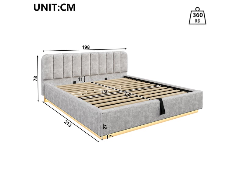 Lit coffre 180x200 cm gris clair, tissu chenille, sommier relevable hydraulique, led contrôlée par appli, sommier à lattes inclus - Conforama C