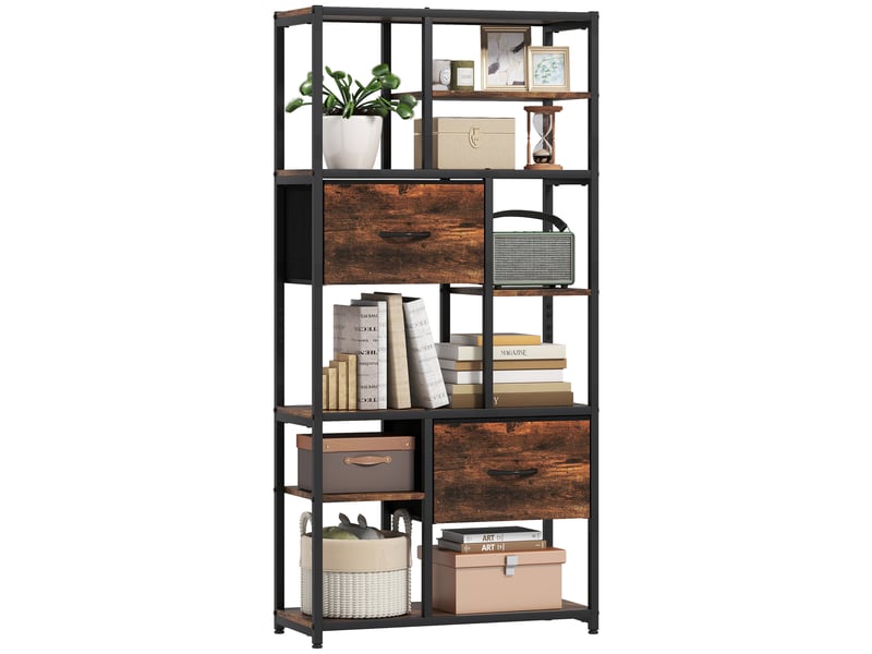  Étagère de rangement, 2 tiroirs en tissu, 9 compartiments ouverts, étagère autoportante avec structure en acier, marron et noir  - Conforama A