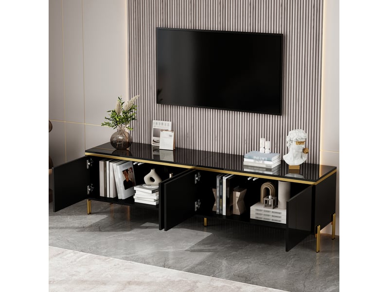 Meuble tv 170x38x50 cm noir brillant avec 4 portes et passe-câbles - Conforama D