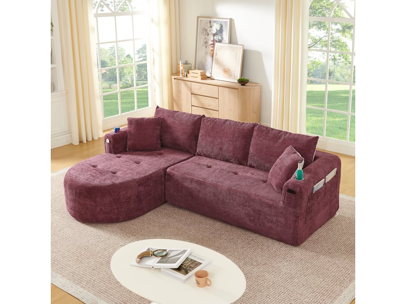  Canapé d'angle en l 3 places rouge bordeaux style canapé nuage avec porte-gobelet en acier  - Conforama R
