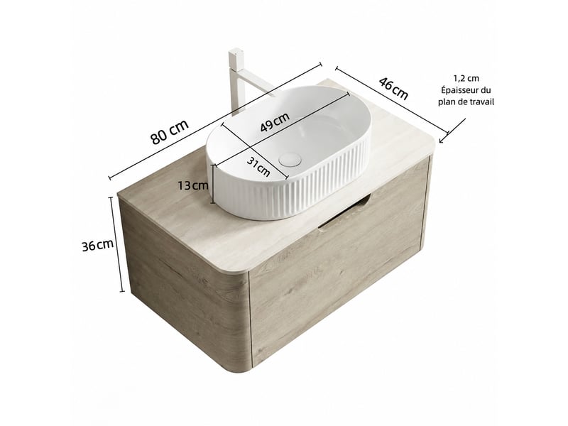  Meuble vasque suspendu 80 cm avec vasque ovale blanche en céramique et plan effet travertin  - Conforama C
