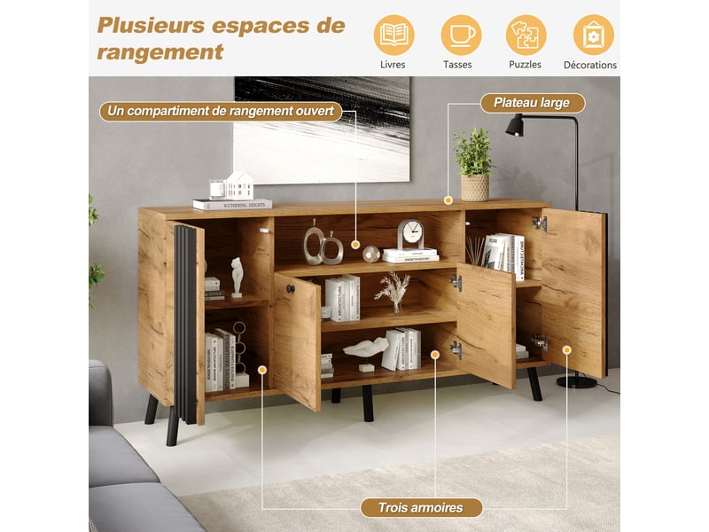  Buffet bas 140x35x71 cm avec 4 portes, 1 niche et 6 pieds en bois massif, meuble de rangement pour salon et salle à manger, mdf - noir et naturel  - Conforama E