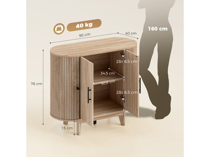 Buffet salon, meuble de rangement ovale avec 4 portes et étagères réglables, 90 x 40 x 76 cm, chêne - Conforama E