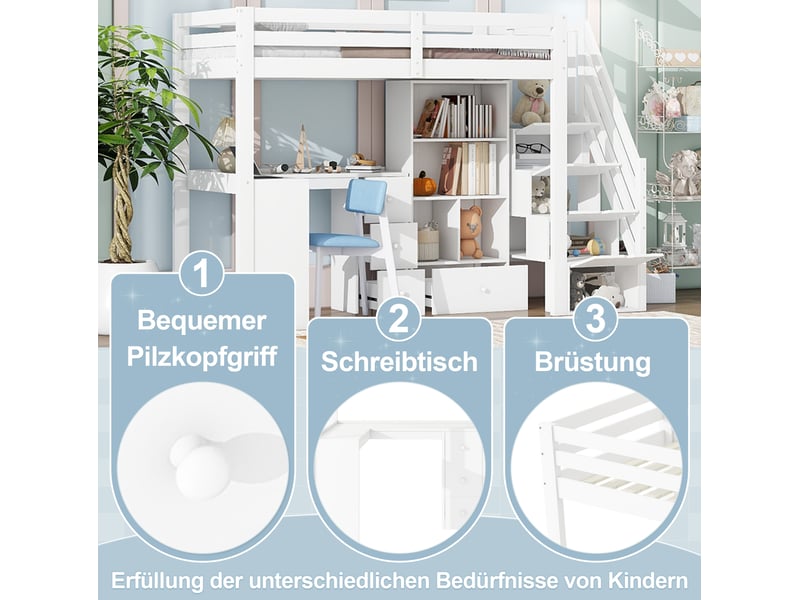  Lit mezzanine 90x200 cm avec bureau, rangements et échelle escamotable en bois blanc sans matelas  - Conforama C