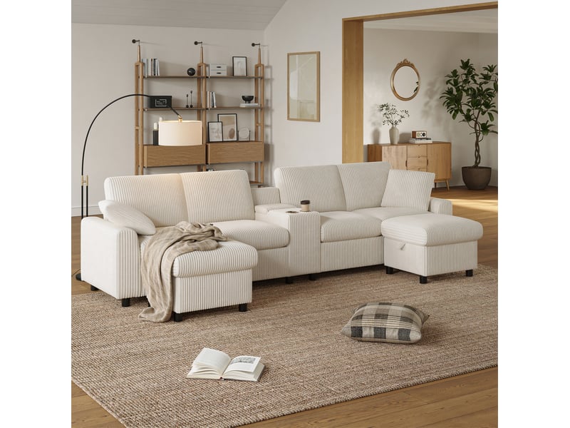 Canapé panoramique en u 4 places en velours côtelé beige avec 2 poufs de rangement - Conforama C