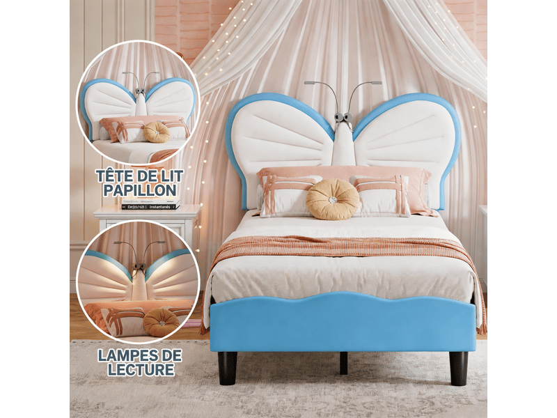 Lit enfant 90x200 avec liseuse, lits 1 personne avec tête de lits réglable en hauteur en forme de papillon, lit capitonné pour fille adolescent, velours, sans matelas (blanc + bleu) - Conforama E
