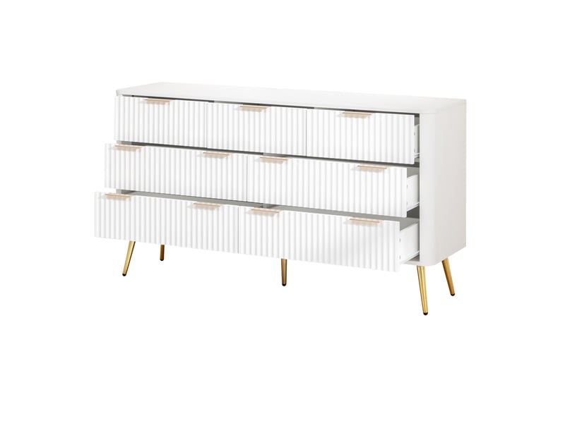  Commode 7 tiroirs, 145x40x80cm, grand meuble de rangement pour chambre et salon, buffet bas avec coulisses silencieuses et pieds surélevés, blanc  - Conforama D