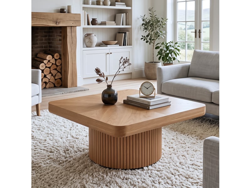  Table basse ulevr carrée 78 x 78 cm, plateau arrondi épais, piètement cylindrique rainuré, bois et mdf naturel  - Conforama A