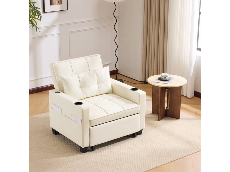  Fauteuil convertible 1 place - 3-en-1 avec usb et porte-gobelet - bois et métal - blanc  - Conforama D