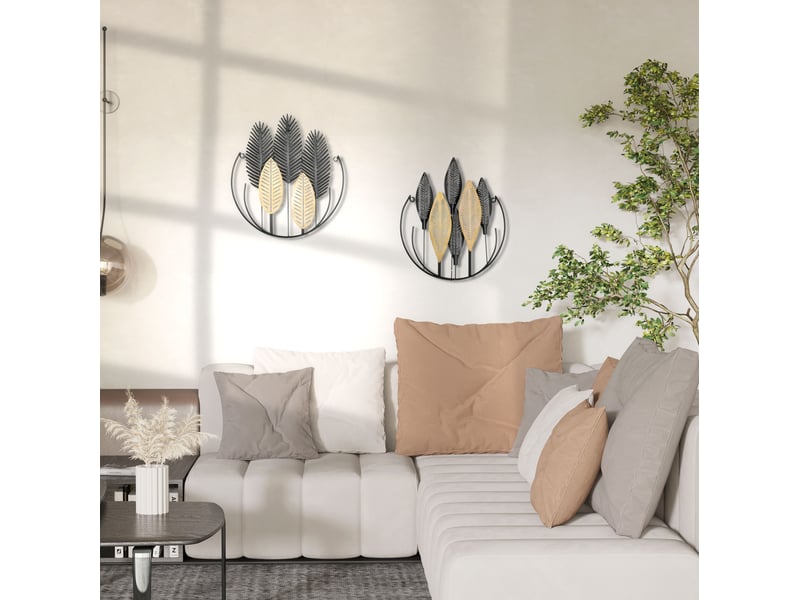  Décoration murale 3d, lot de 2 feuilles 40 x 46 cm noir et naturel en métal, design moderne pour salon  - Conforama B