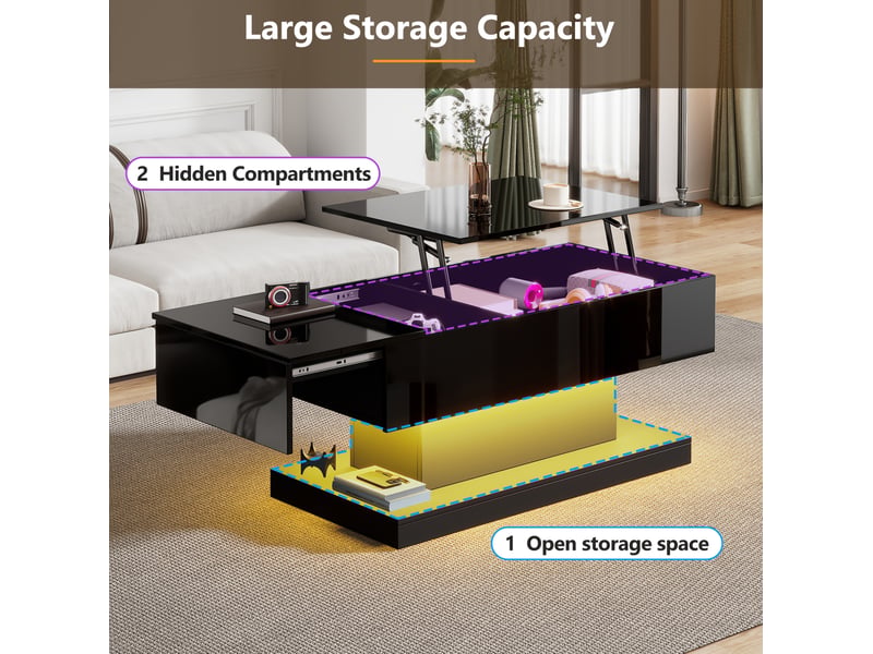  Table basse 100x50x45 cm rectangulaire, rangement caché, led, plateau relevable et coulissant, pour salon, pb, noir  - Conforama E