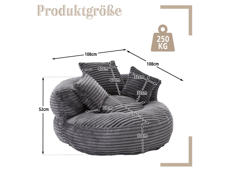 Fauteuil poire 1 place en velours côtelé gris foncé avec dossier haut et 3 coussins - Conforama E