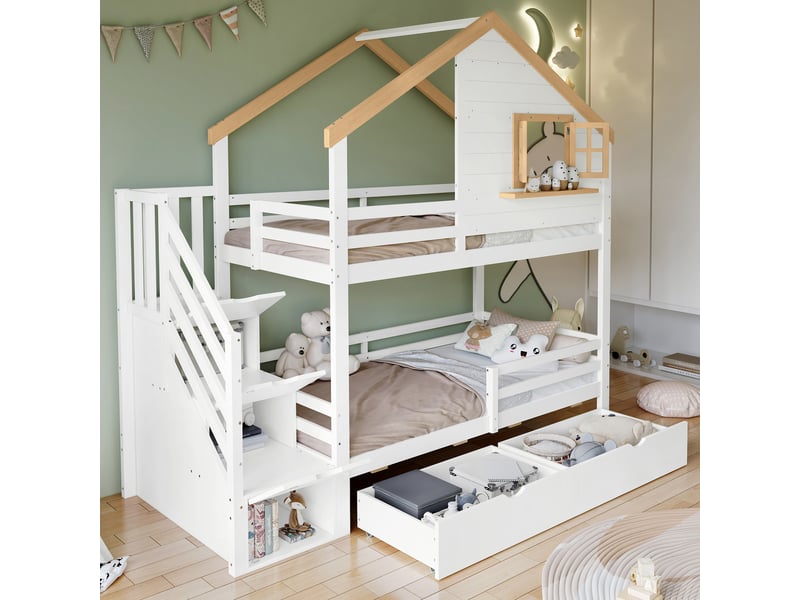  Lit superposé cabane 90x200 cm - avec fenêtres et échelle de rangement, espace de stockage sous le lit, mdf, blanc, sans matelas  - Conforama D