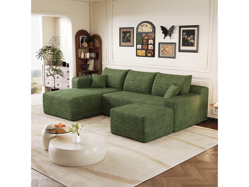 Canapé d’angle vert 4 places en velours côtelé, canapé moderne 241 cm avec méridienne pour salon, assise profonde et confortable  - Conforama W