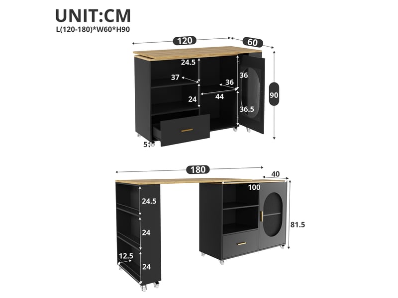  Îlot de cuisine mobile 120 à 180 x 60 x 90 cm - porte en verre cannelé - 1 tiroir - plateau pivotant à 360 degrés - naturel et noir  - Conforama D