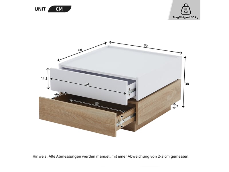 Table basse fonctionnelle, table de salon, plateau pivotant à 360° avec 2 étagères et un espace de rangement, table d'appoint avec structure en noyer pour le salon, blanche, 60 x 60 x 38 cm  - Conforama C