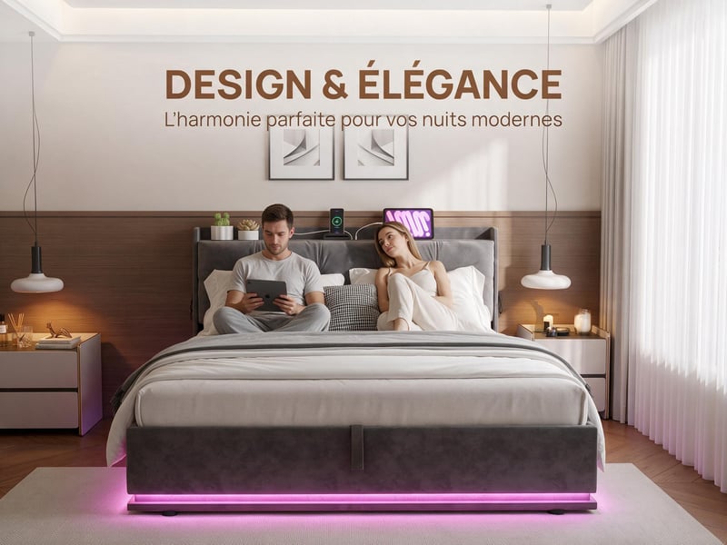  Lit double 160×200 – lit coffre –  éclairage led rgb – port usbtype‑c et électriques  –  sommier à lattes – velours gris  - Conforama D