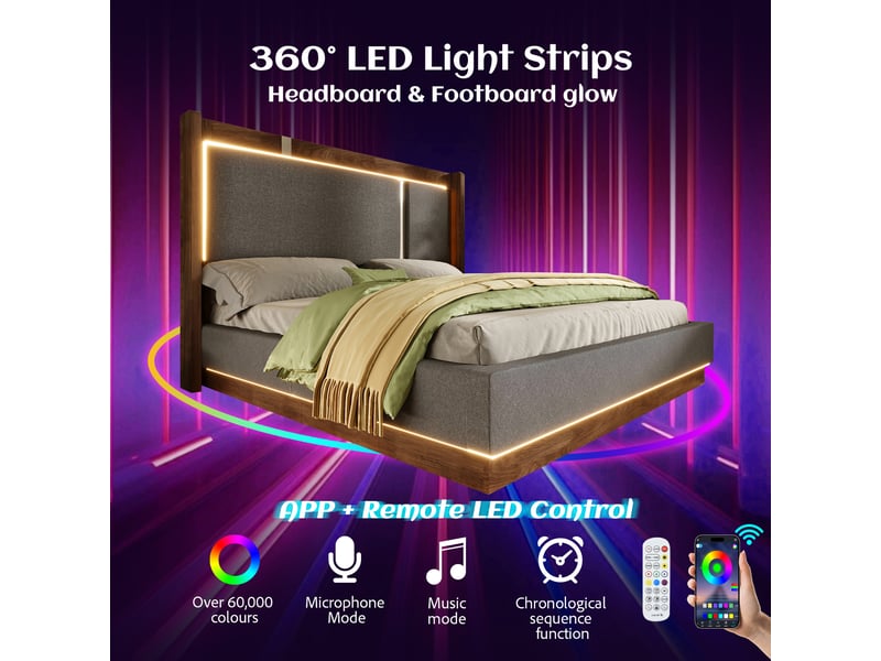 Lit coffre 160x200 avec sommier à lattes, led, lin gris et noyer - Conforama E