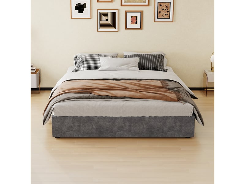  Cadre de lit 160x200 double gris en velours avec mécanisme de levage à gaz - structure robuste  - Conforama W