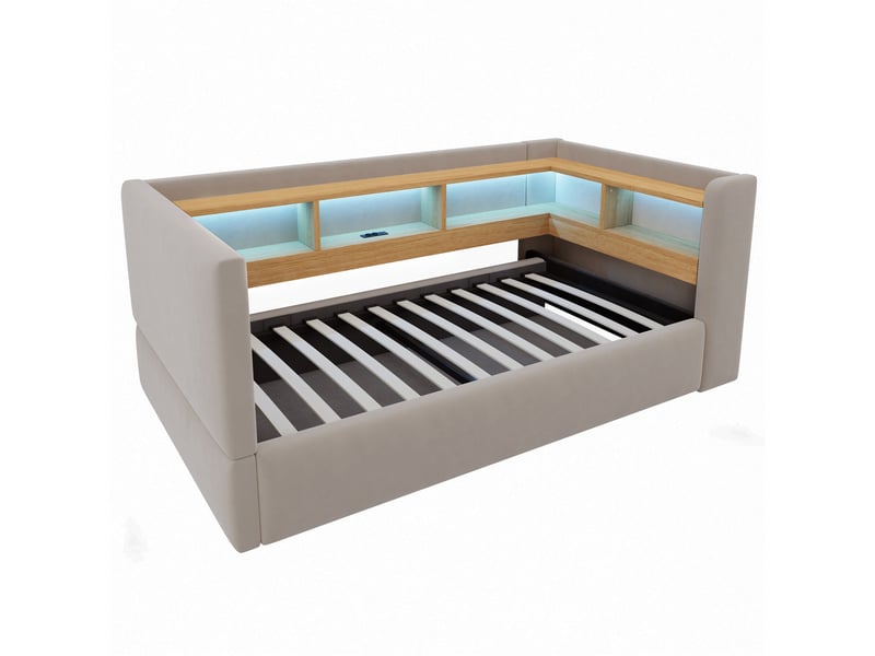 Canapé - lit 90×190 cm avec rangement hydraulique, équipé de lampes led, prises électriques et treillis de rangement, gris foncé - Conforama R