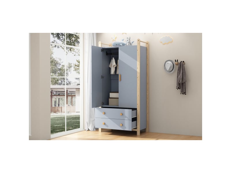 Armoire double pliante enfant modulable - penderie et étagères, tiroirs, cadre pin bleu et bois naturel 180 cm  - Conforama D
