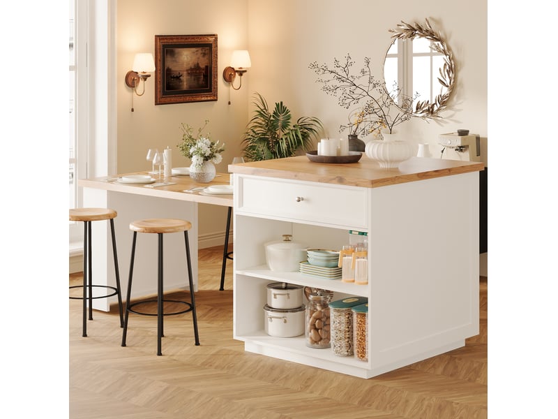  Ilot de cuisine extensible avec 5 tiroirs et roulettes, mdf et métal, blanc  - Conforama D