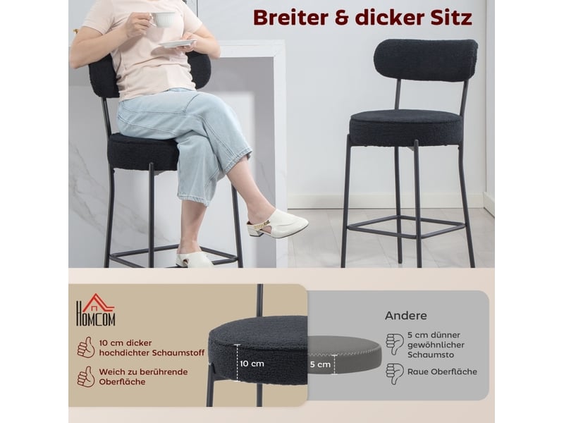  Lot de 2 tabourets de bar avec assise rembourrée, repose-pieds et patins réglables en polyester noir  - Conforama D