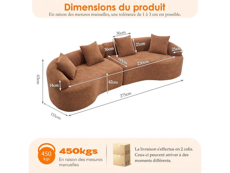Canapé courbé 4 places modulable en chenille - couleur caramel élégante - aucun assemblage - Conforama C