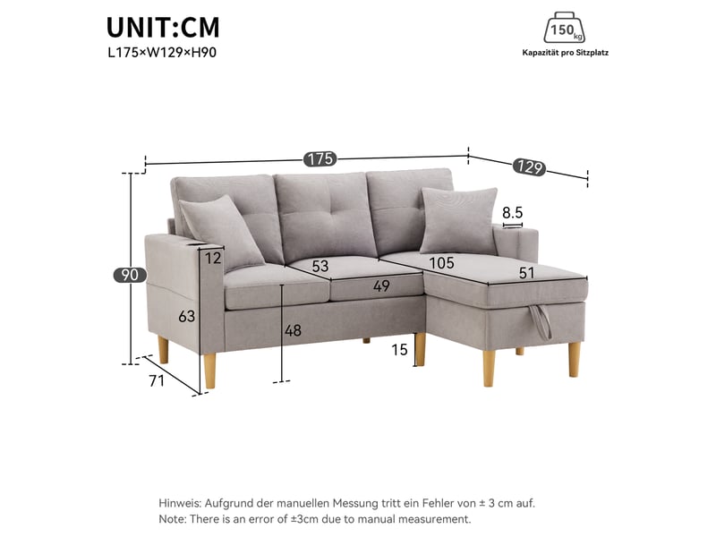  Canapé d'angle modenvie 3 places avec méridienne réversible rangement et porte-gobelets gris clair 175 x 129 x 90 cm  - Conforama C