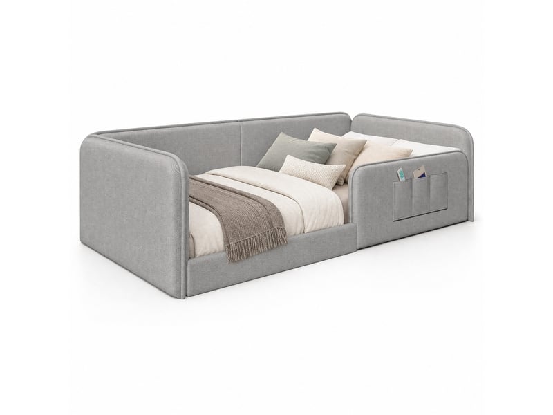  Lit simple plateforme 90x200, gris, mdf, équipé de poches latérales de rangement et de cadre de sécurité, sans matelas  - Conforama A