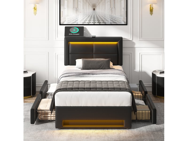  Lit 1 place 90x190 cm avec led, recharge usb et sans fil, 4 tiroirs, noir  - Conforama C